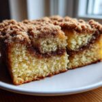 Two moist slices of sour cream coffee cake featuring a thick cinnamon swirl and crunchy streusel topping.