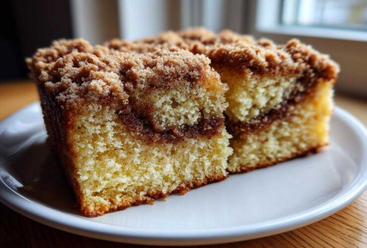 Two moist slices of sour cream coffee cake featuring a thick cinnamon swirl and crunchy streusel topping.