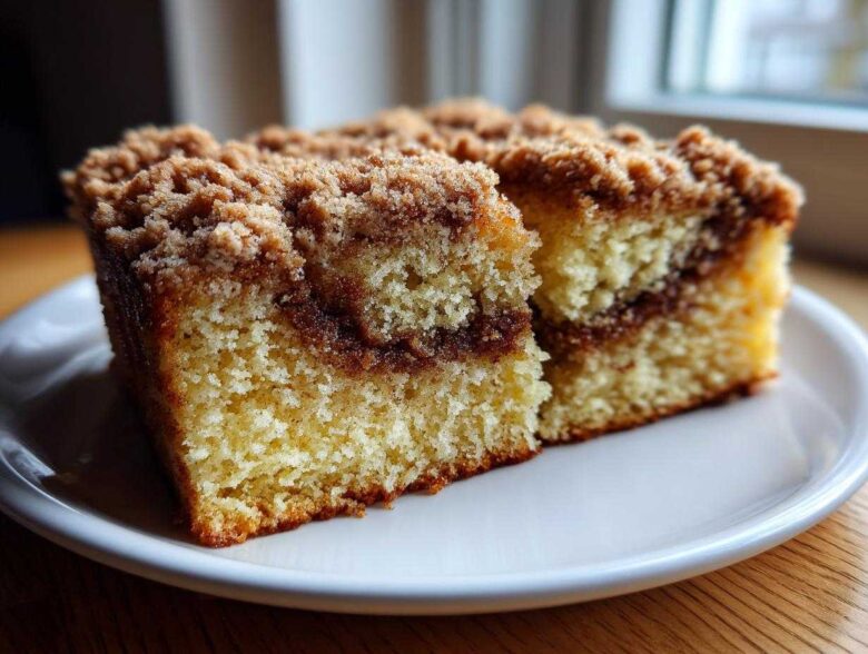 Two moist slices of sour cream coffee cake featuring a thick cinnamon swirl and crunchy streusel topping.