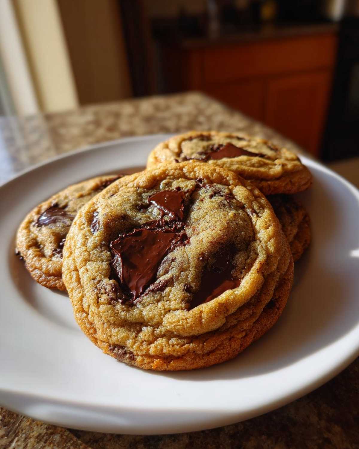 Close-up of several gooey sourdough chocolate chip cookies stacked on a white plate, featuring melted chocolate chunks.