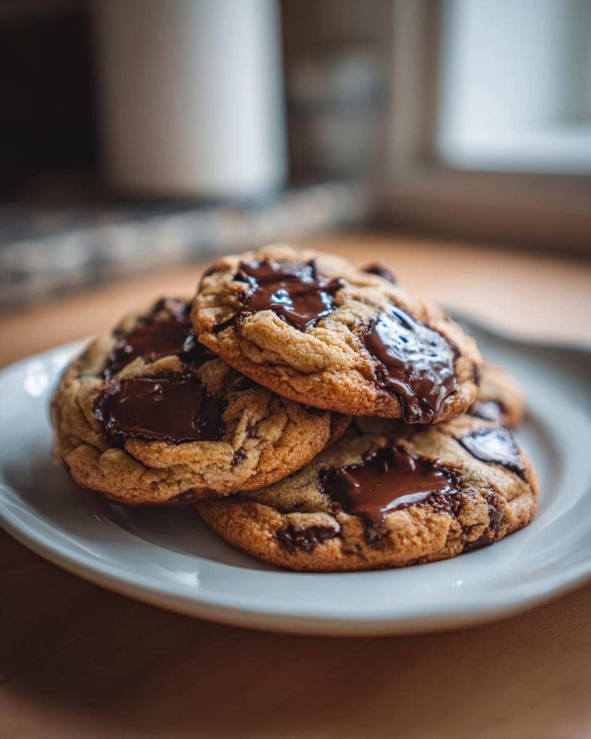 A stack of freshly baked sourdough chocolate chip cookies with gooey, melted chocolate pools on top.