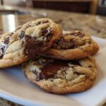 Three freshly baked sourdough chocolate chip cookies stacked on a white plate with gooey, melted chocolate.