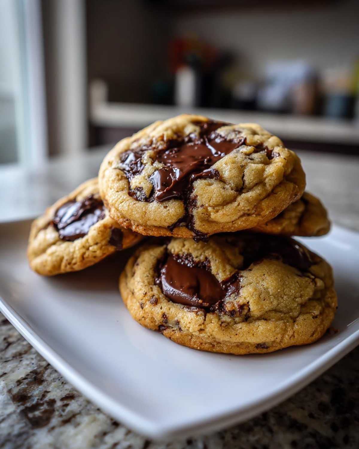 A stack of freshly baked sourdough chocolate chip cookies with gooey, melted chocolate centers.