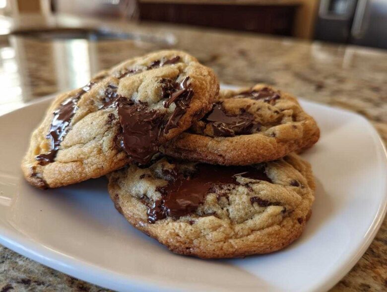 Three freshly baked sourdough chocolate chip cookies stacked on a white plate with gooey, melted chocolate.