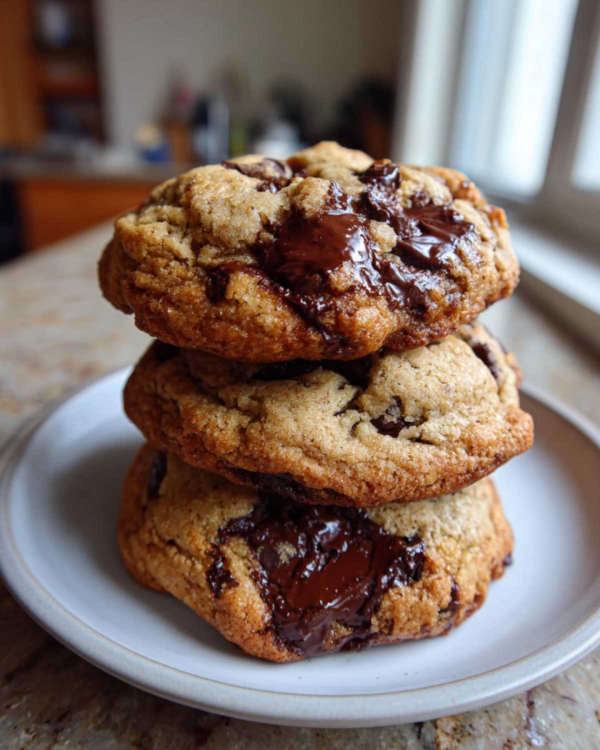 A stack of three thick, golden sourdough chocolate chip cookies with melted chocolate pools.