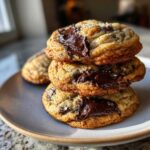 A stack of three thick, golden sourdough chocolate chip cookies with pools of melted dark chocolate on top.