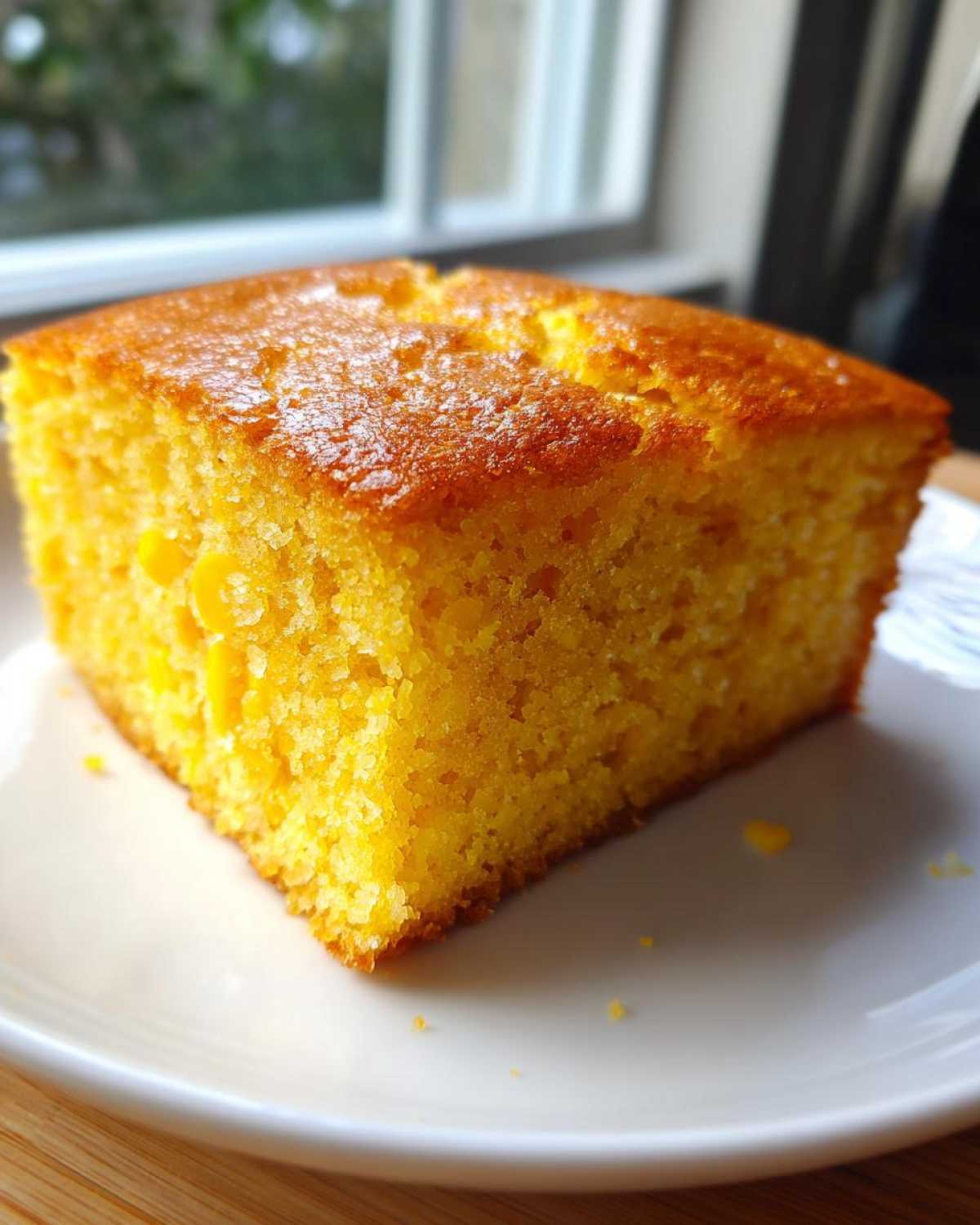 Close-up of a moist, golden slice of sourdough cornbread with visible corn kernels, served on a white plate.