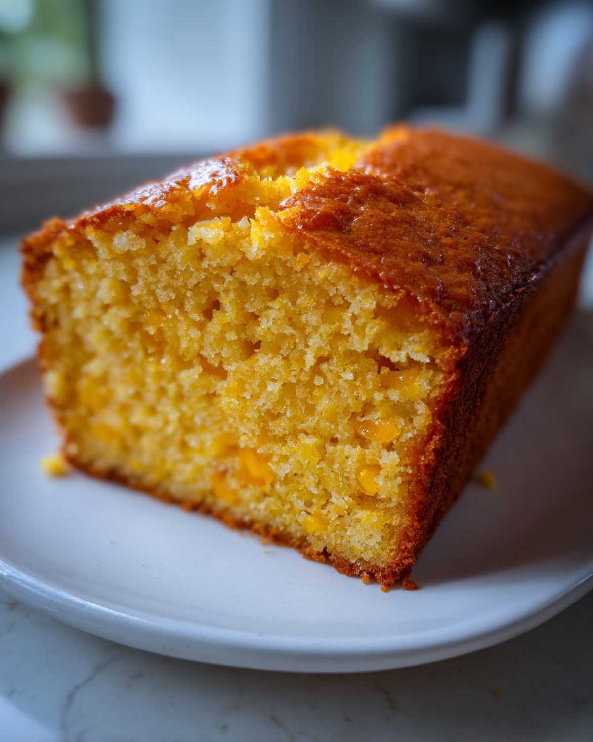 Close-up of a moist slice of golden sourdough cornbread featuring visible corn kernels, resting on a white plate.