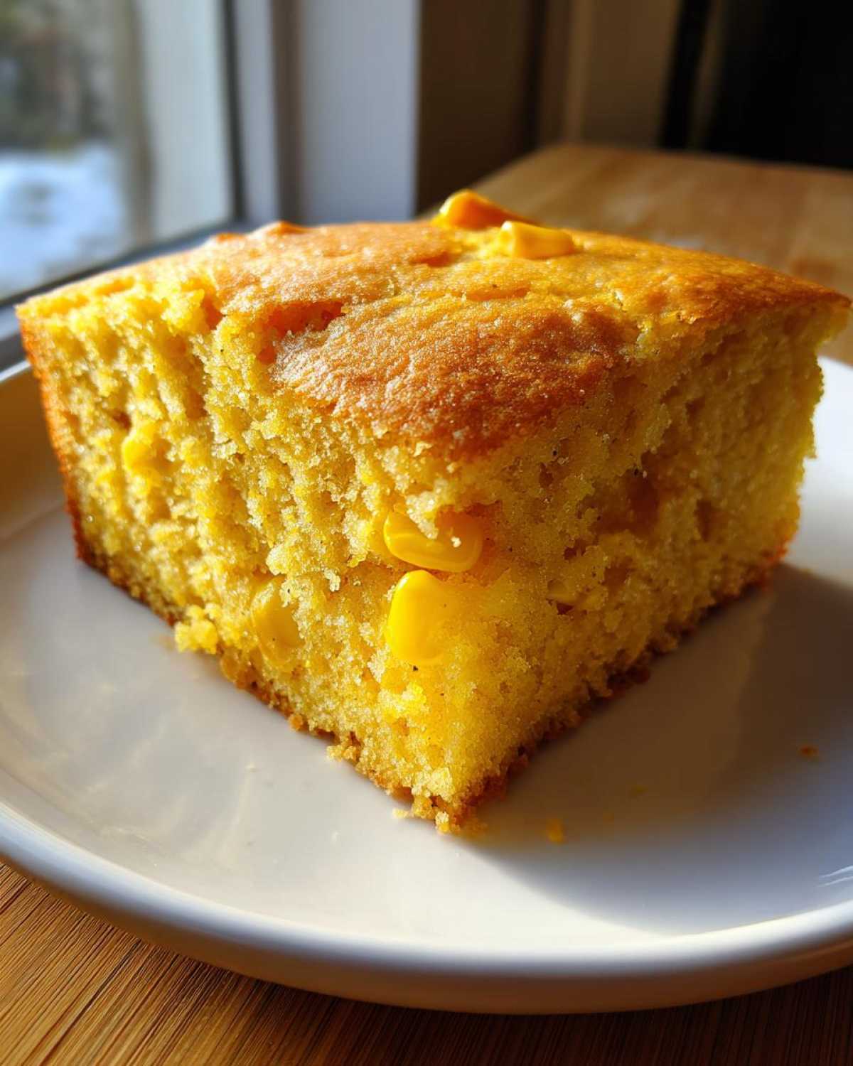 A close-up, sunlit slice of moist sourdough cornbread studded with whole corn kernels, served on a white plate.