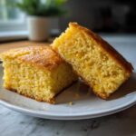 Close-up of two moist squares of golden sourdough cornbread, one leaning against the other, showing corn kernels inside.