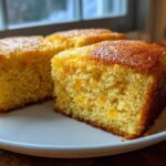 Three golden-brown squares of moist sourdough cornbread resting on a white plate near a window.