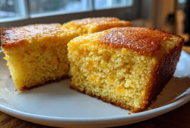 Three golden-brown squares of moist sourdough cornbread resting on a white plate near a window.
