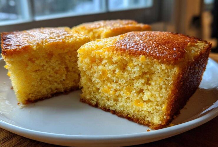 Three golden-brown squares of moist sourdough cornbread resting on a white plate near a window.