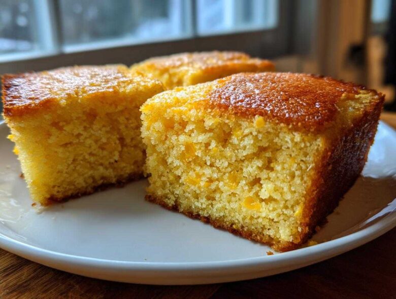 Three golden-brown squares of moist sourdough cornbread resting on a white plate near a window.