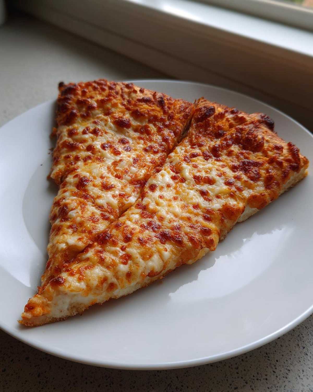 Two slices of cheesy pizza resting on a white plate, made using sourdough discard pizza dough.