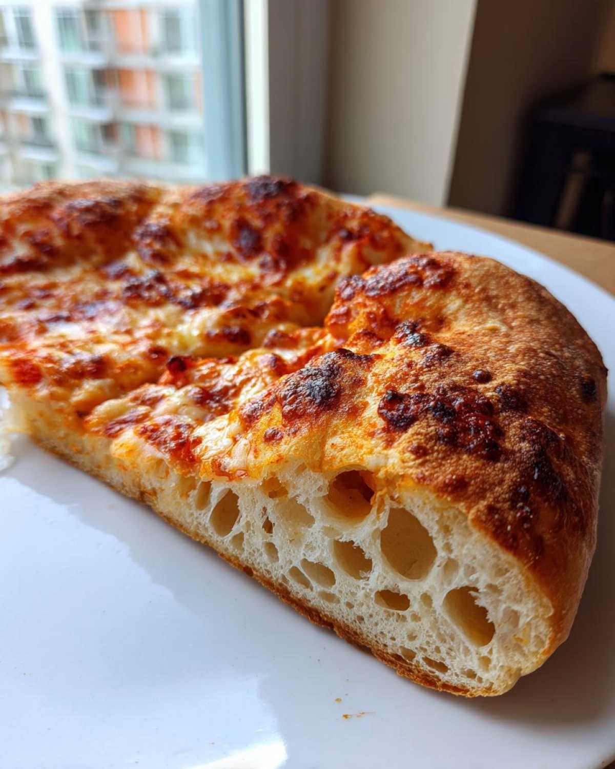 Close-up of a slice of pizza made with sourdough discard pizza dough, showing a beautiful, airy, open crumb structure.