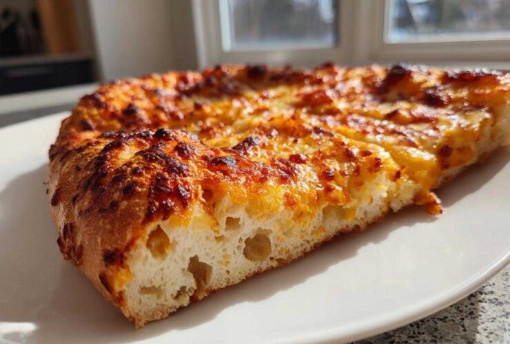 Close-up of a slice of pizza made with sourdough discard pizza dough, showing airy crumb and bubbly, browned cheese.