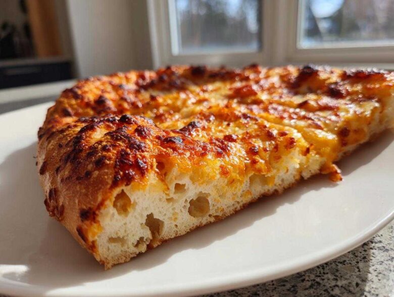 Close-up of a slice of pizza made with sourdough discard pizza dough, showing airy crumb and bubbly, browned cheese.