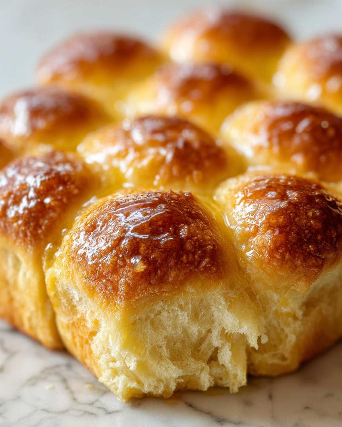 Close-up of golden brown, soft sourdough discard rolls baked together and brushed with a shiny glaze.