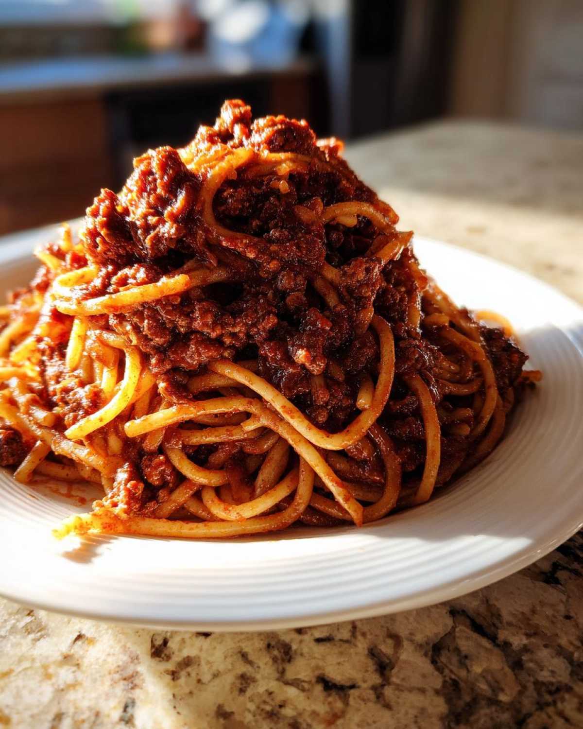 A generous serving of spaghetti heavily topped with rich, dark red bolognese sauce on a white plate.