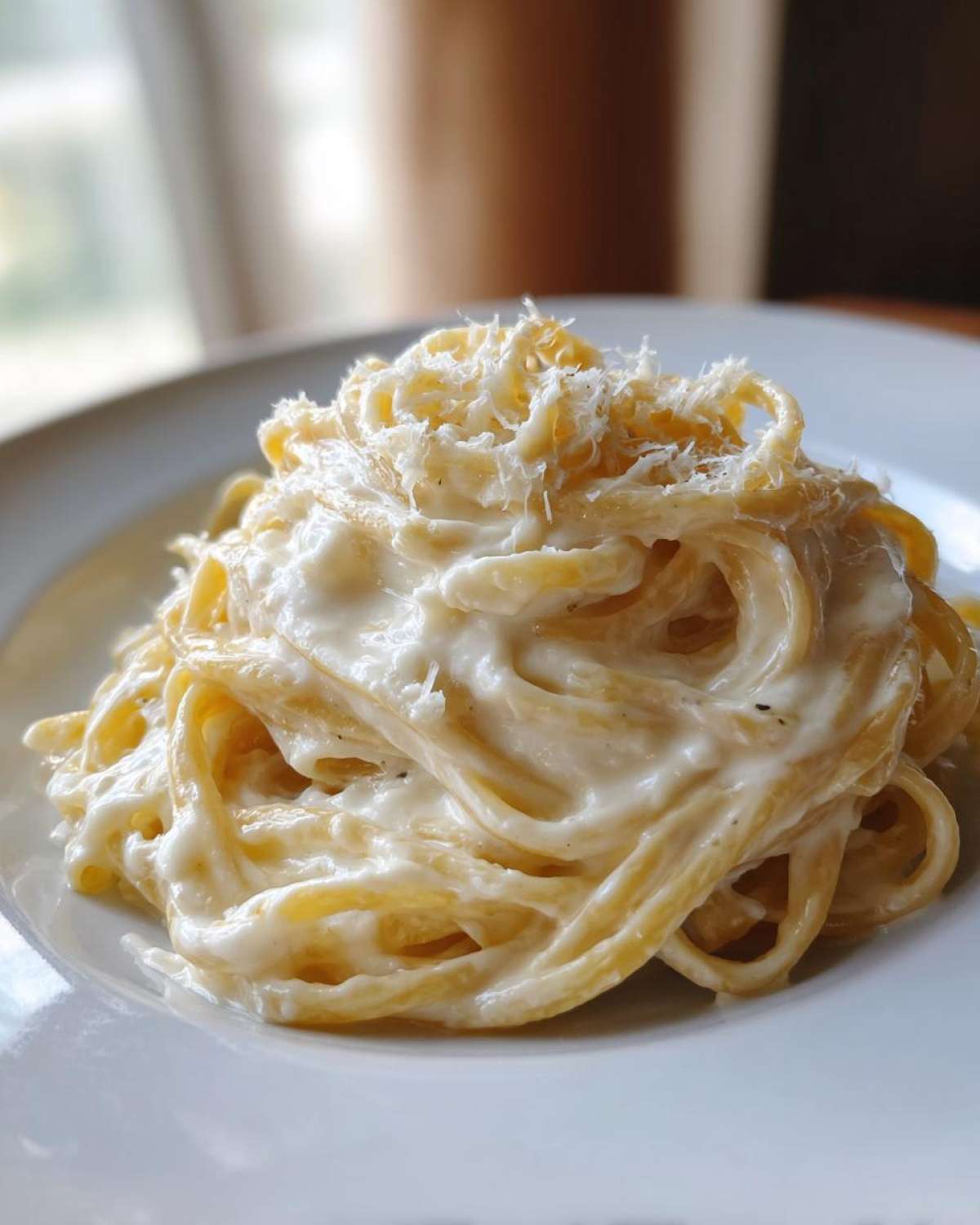 Close-up of spaghetti generously coated in creamy homemade alfredo sauce and topped with grated Parmesan cheese.