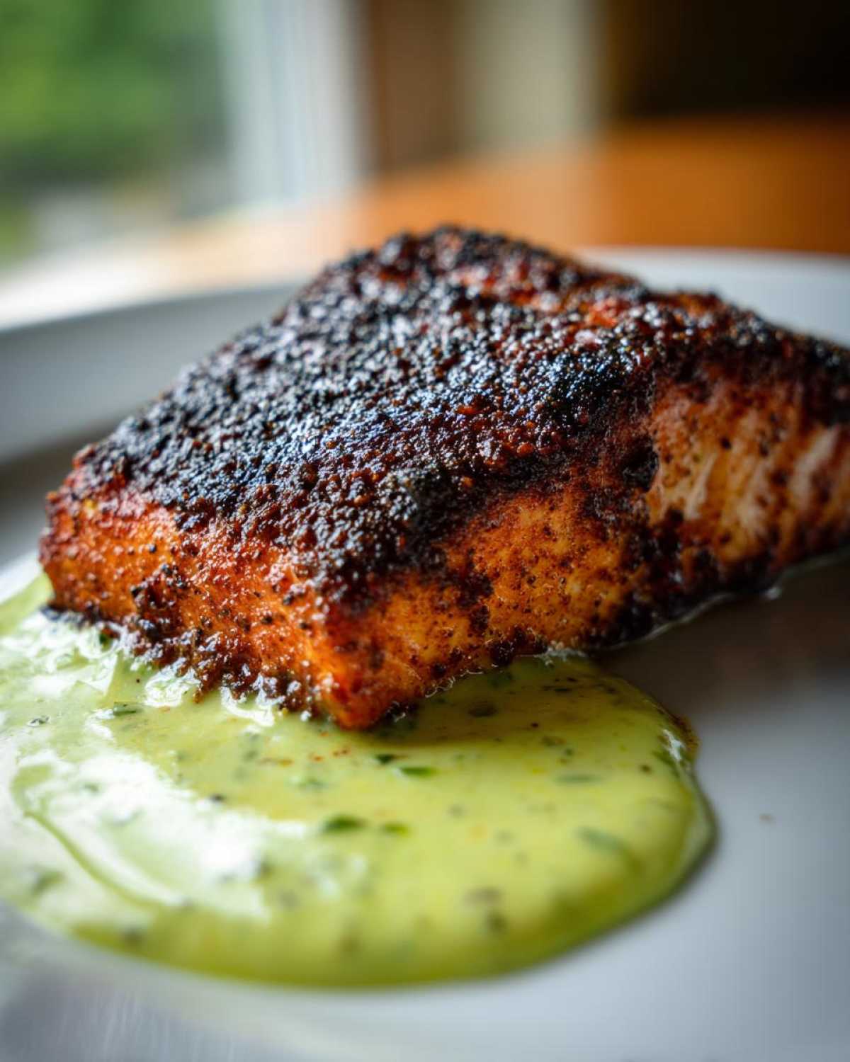 Close-up of a perfectly cooked blackened salmon fillet resting on a pool of creamy green sauce.