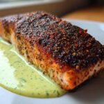 A close-up of a perfectly cooked blackened salmon fillet resting on a pool of creamy green sauce.