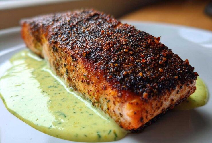 A close-up of a perfectly cooked blackened salmon fillet resting on a pool of creamy green sauce.