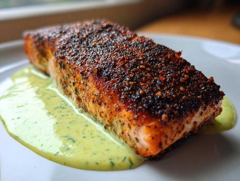 A close-up of a perfectly cooked blackened salmon fillet resting on a pool of creamy green sauce.