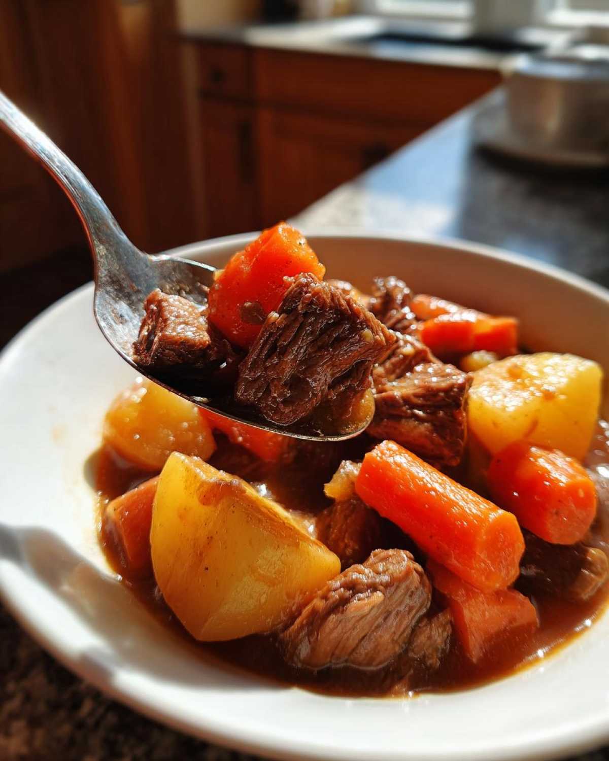 A spoonful of tender beef chunks, carrots, and potatoes lifted from a bowl of rich crockpot beef stew.