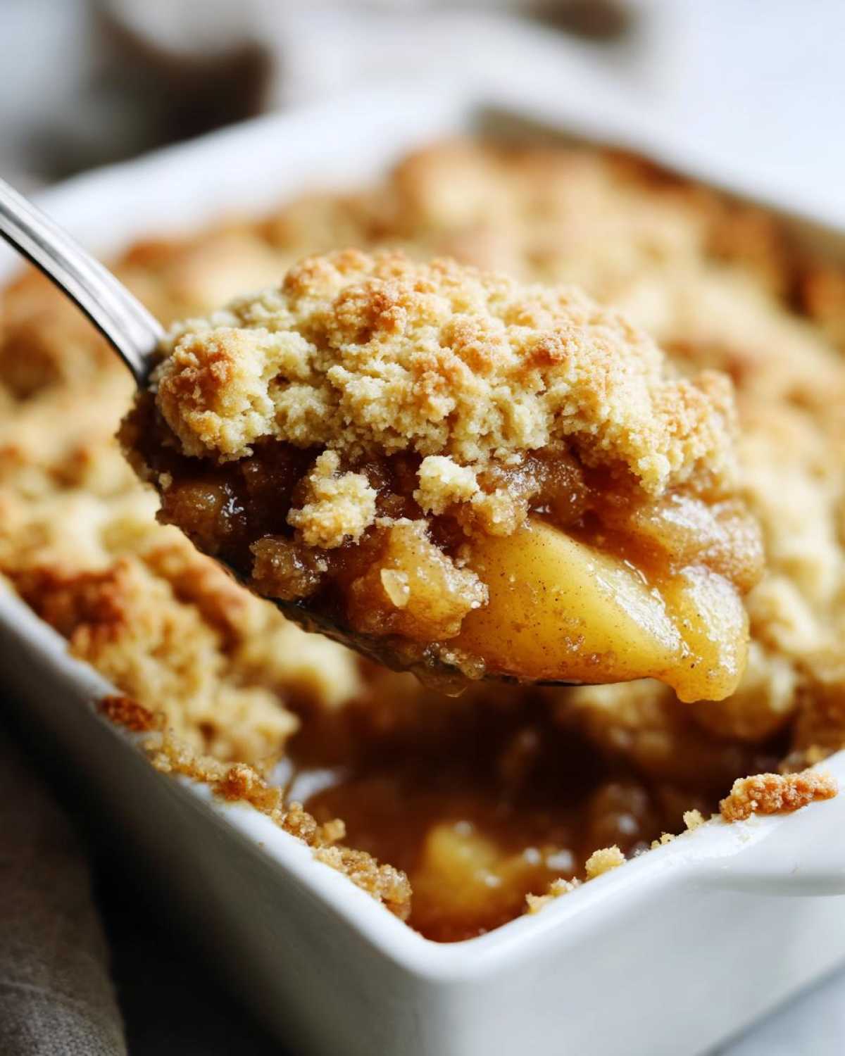 A spoonful of warm, gooey apple cobbler with a crumbly topping being lifted from a white baking dish.