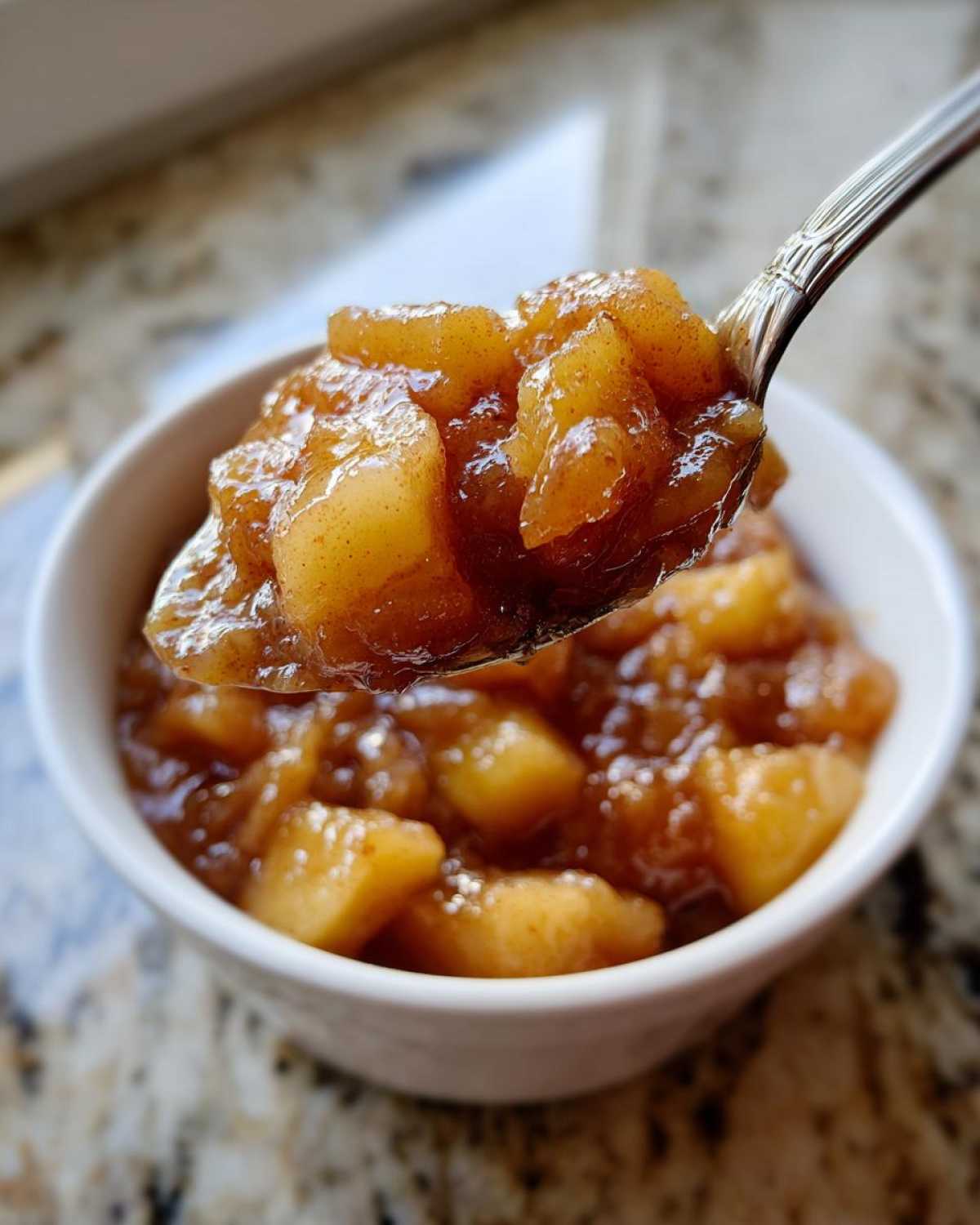 A spoonful of thick, spiced apple pie filling being lifted from a small white bowl.