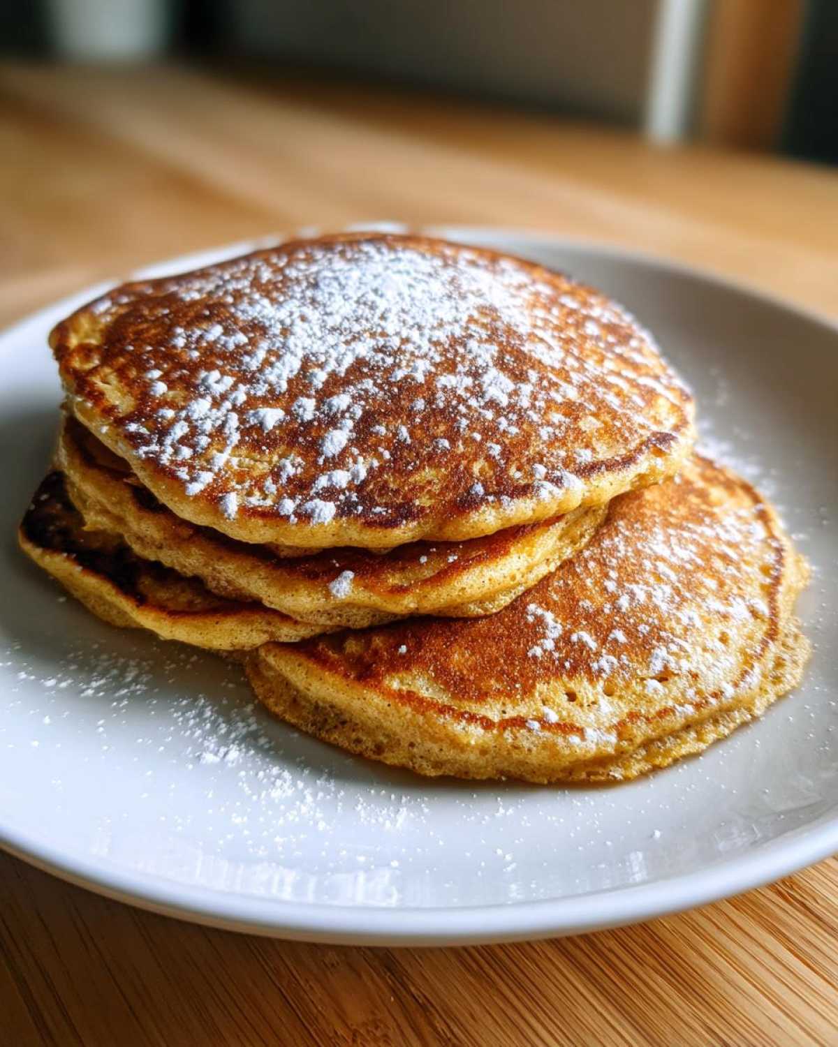Close-up of a stack of golden brown almond flour pancakes dusted generously with powdered sugar on a white plate.
