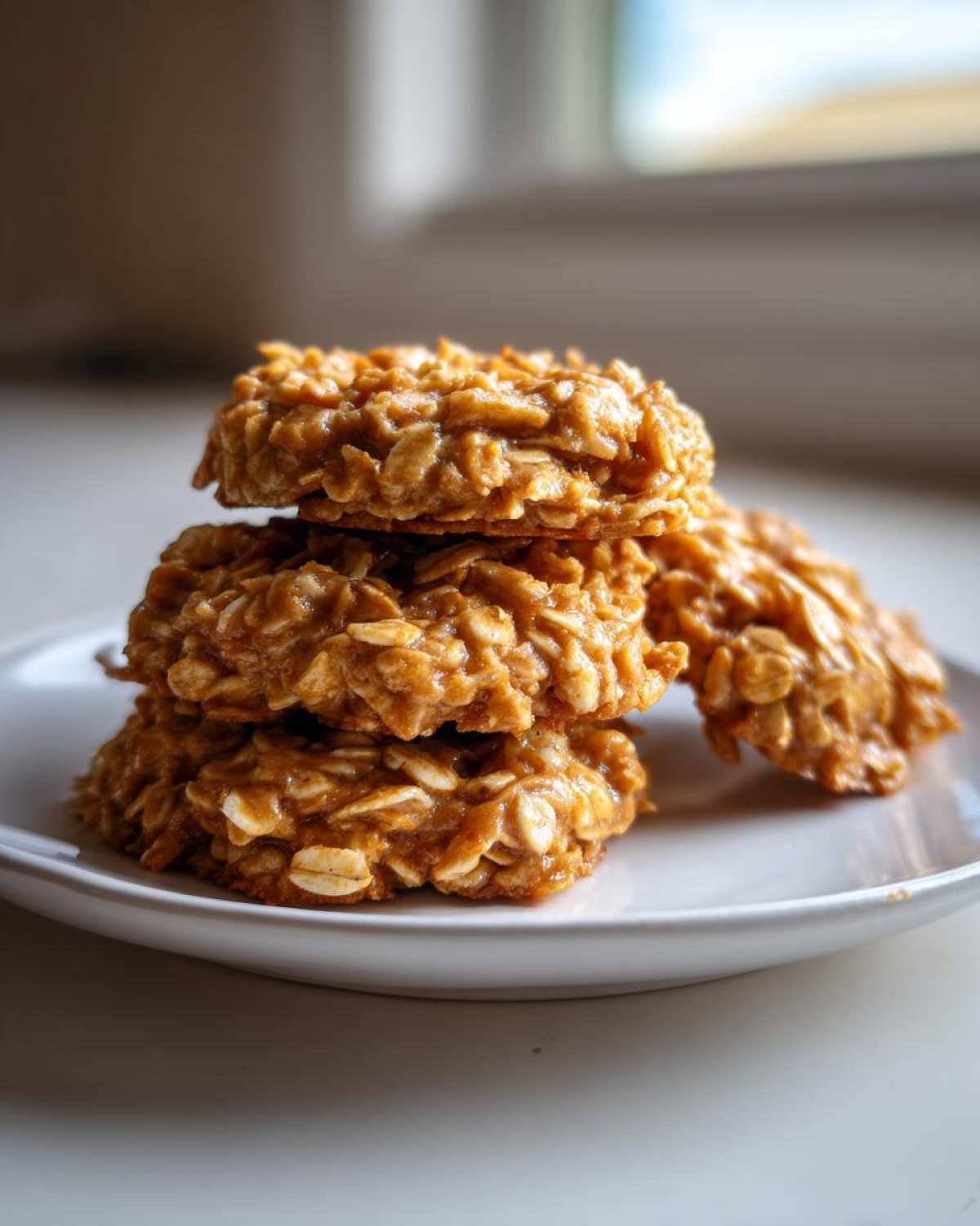 A stack of three gooey, peanut butter-colored breakfast cookie treats made with visible rolled oats.