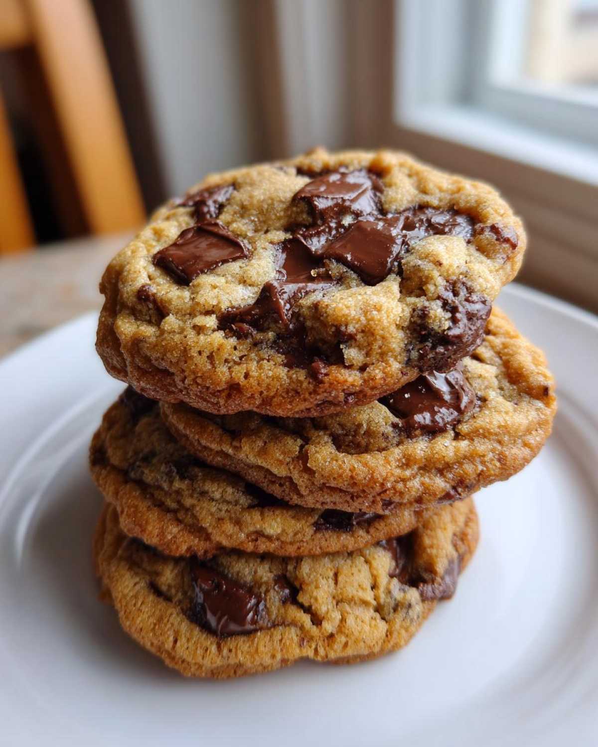 A stack of three thick, golden brown chocolate chip cookies piled high on a white plate.