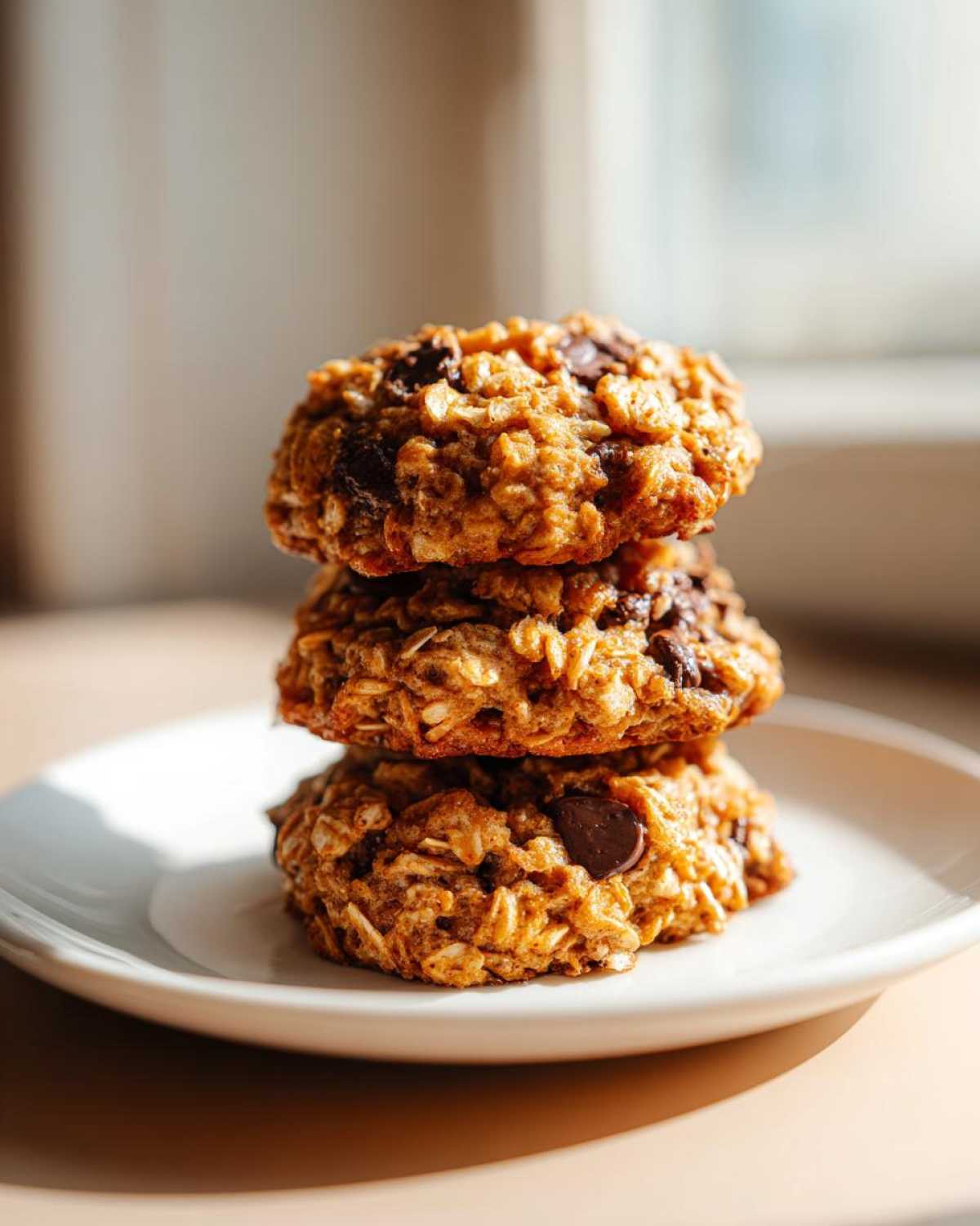 Three delicious chocolate chip oatmeal cookie treats stacked vertically on a small white plate.