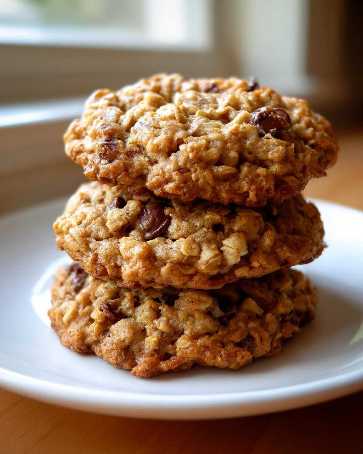 Three perfectly baked chocolate chip oatmeal cookie stacked on a white plate.