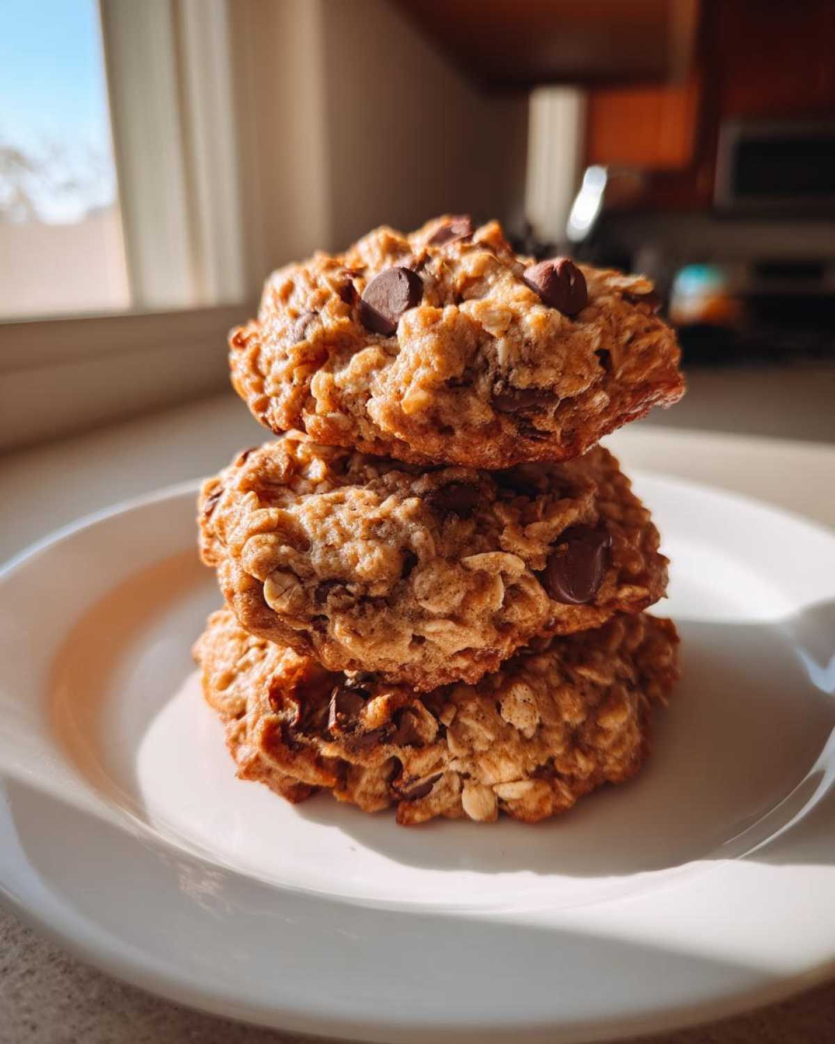 A stack of three freshly baked chocolate chip oatmeal cookie treats resting on a white plate near a sunlit window.