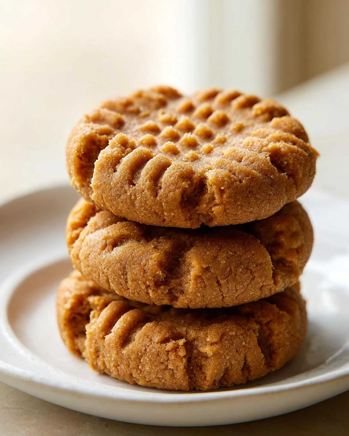 A close-up stack of three classic peanut butter cookies showing the traditional criss-cross fork marks.
