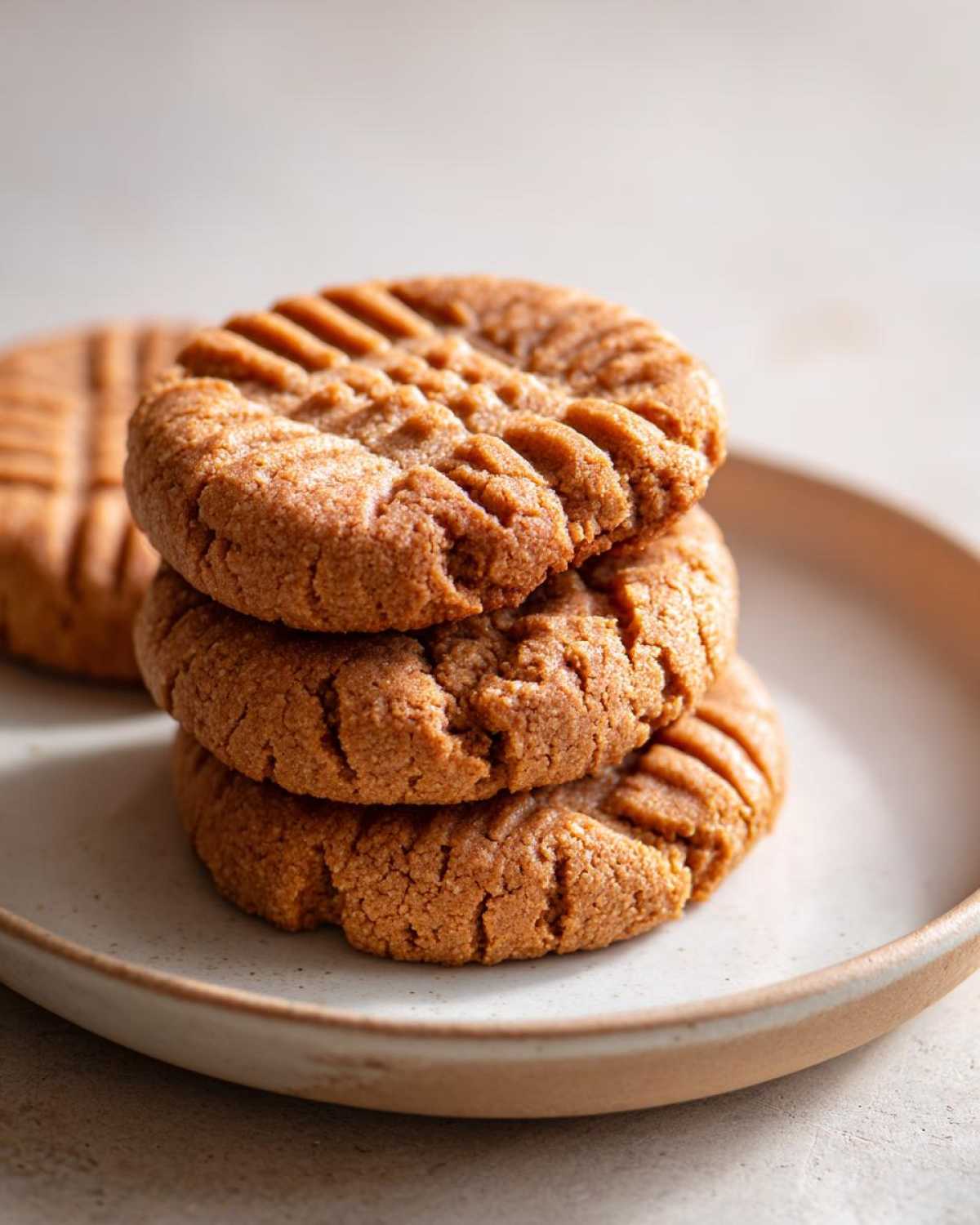 A close-up stack of three golden brown peanut butter cookies showing the classic crisscross fork marks.