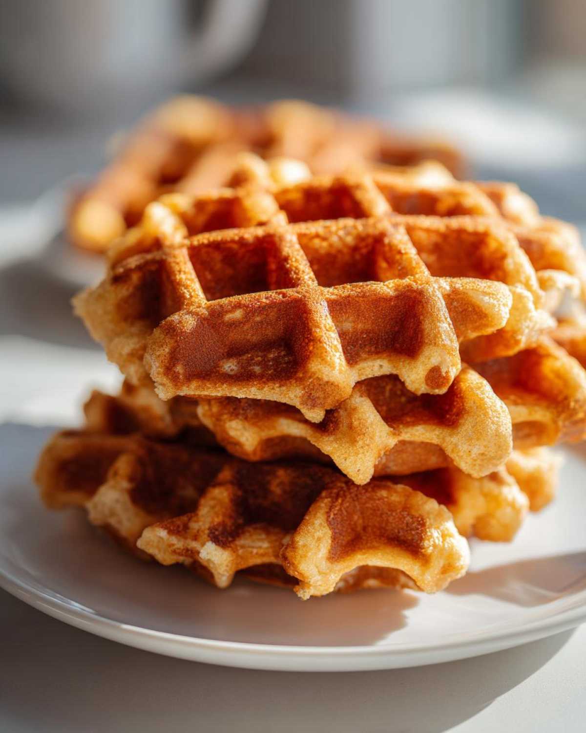 Close-up of a stack of golden brown high protein waffles on a white plate.