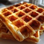 Close-up of a stack of golden brown, freshly made high protein waffles on a white plate.