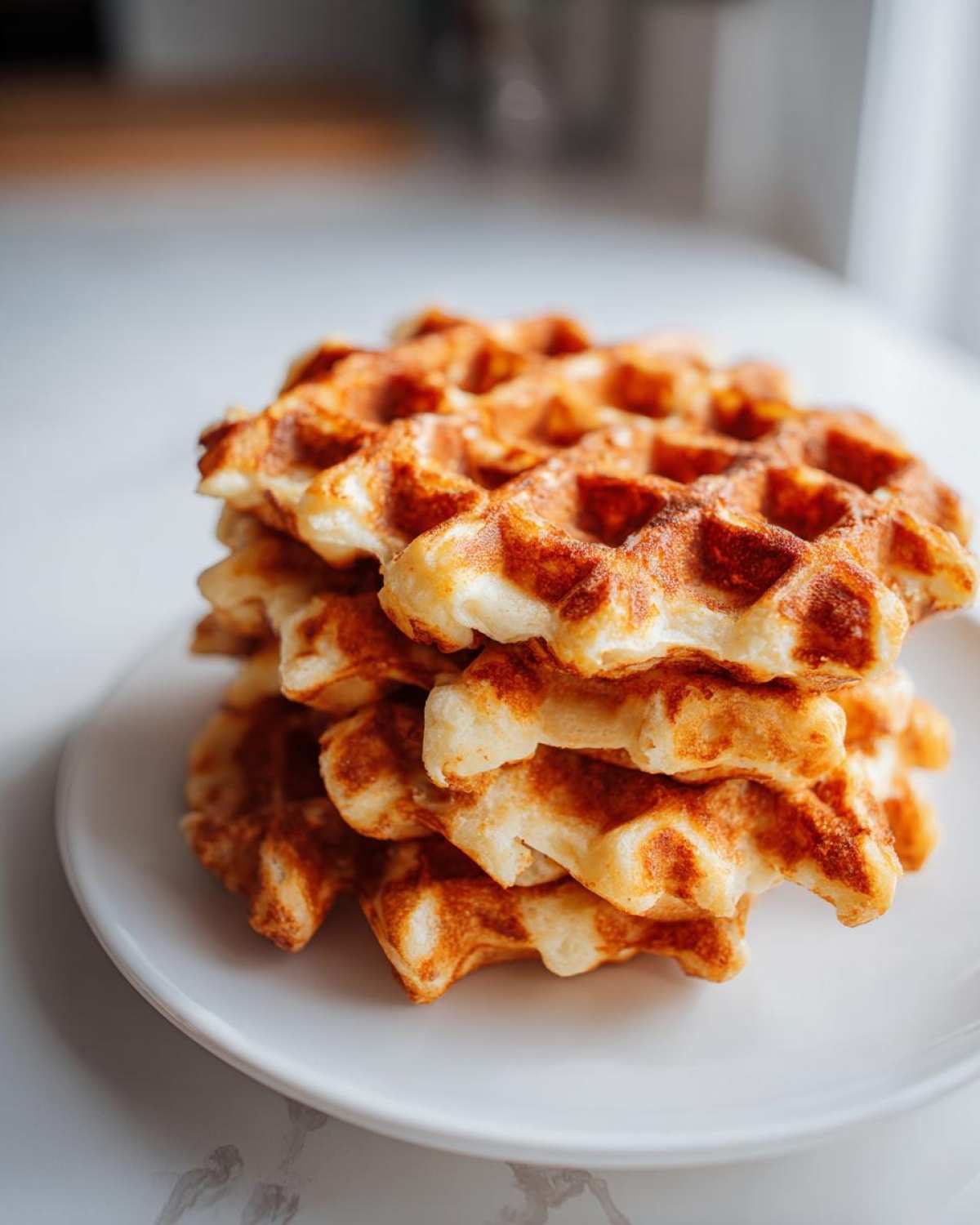 A stack of four golden brown, freshly made high protein waffles served on a white plate.