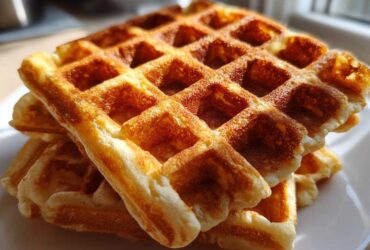 Close-up of a stack of golden brown, freshly made high protein waffles on a white plate.