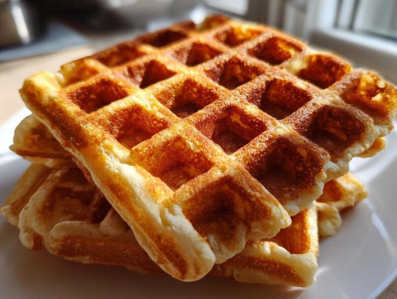 Close-up of a stack of golden brown, freshly made high protein waffles on a white plate.