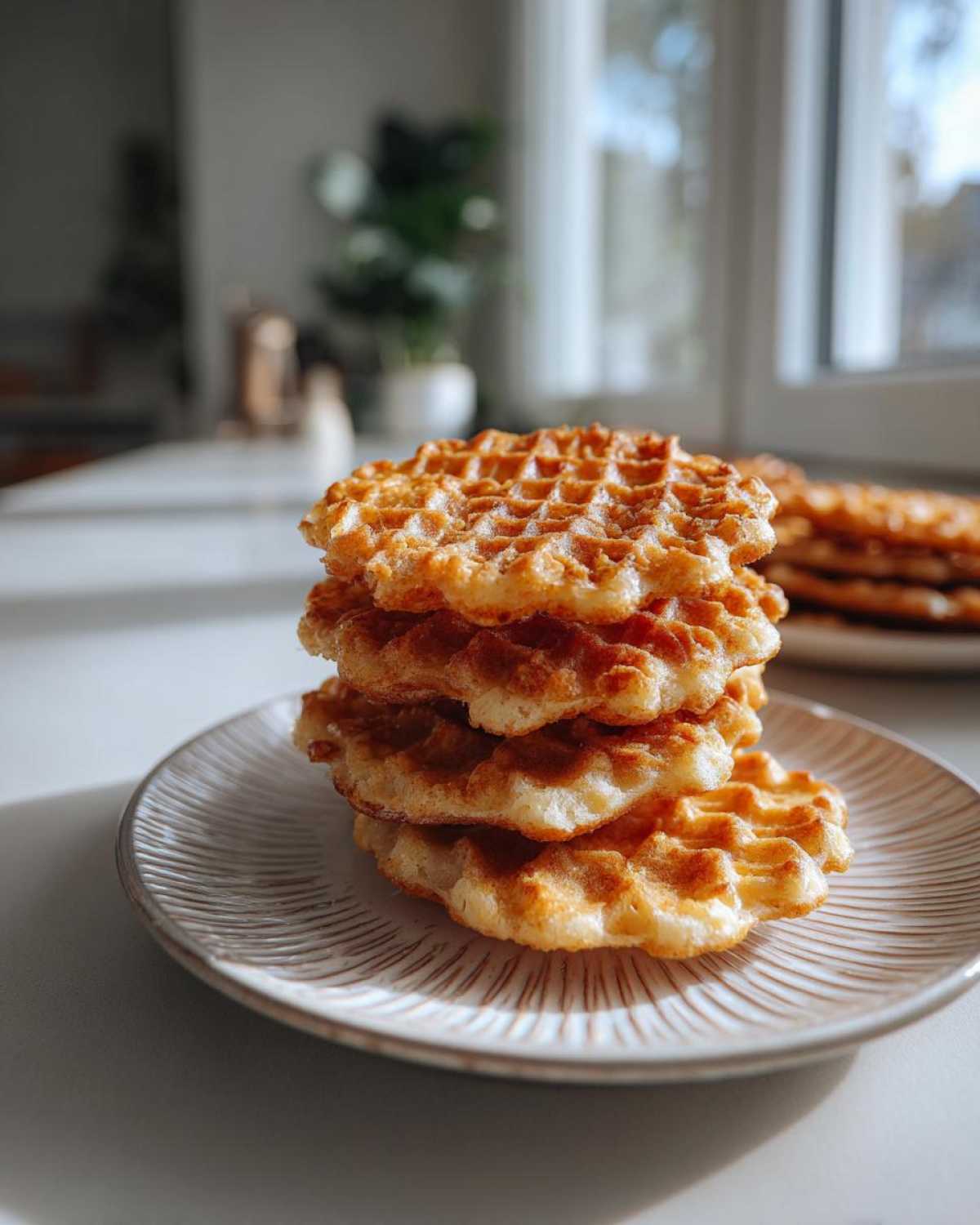 A stack of four golden brown, crisp pizzelle cookies resting on a patterned plate.
