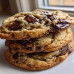 A stack of three thick, golden brown chocolate chip cookies with melted chocolate chunks.
