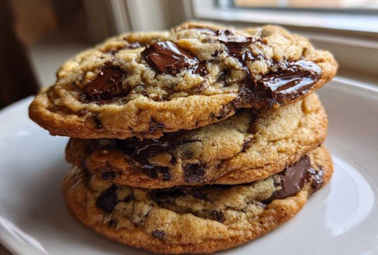 A stack of three thick, golden brown chocolate chip cookies with melted chocolate chunks.