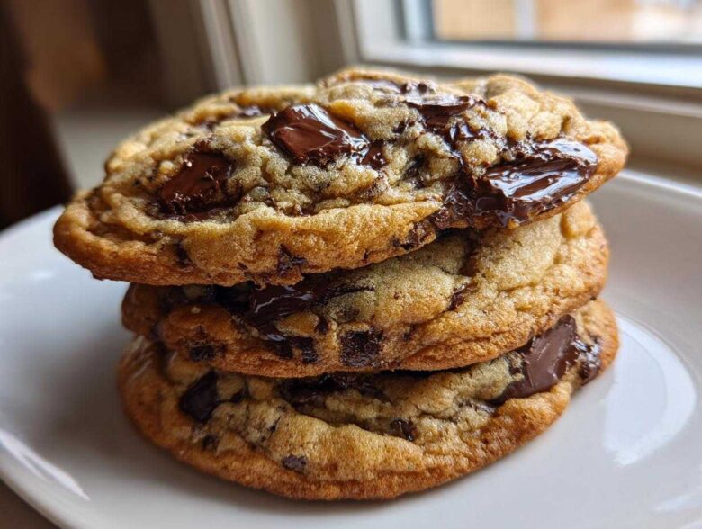 A stack of three thick, golden brown chocolate chip cookies with melted chocolate chunks.