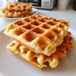 Close-up of a stack of three golden-brown, fluffy high protein waffles resting on a white plate.